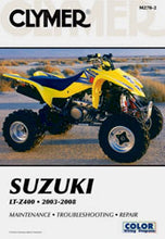Charger l'image dans la galerie, Clymer repair manual for Suzuki LT-Z400 motorcycle, showing detailed pages and diagrams for maintenance and repairs.
