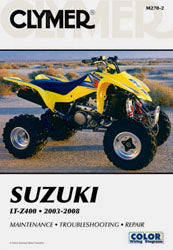 Clymer repair manual for Suzuki LT-Z400 motorcycle, showing detailed pages and diagrams for maintenance and repairs.