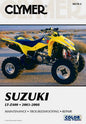 Clymer repair manual for Suzuki LT-Z400 motorcycle, showing detailed pages and diagrams for maintenance and repairs.