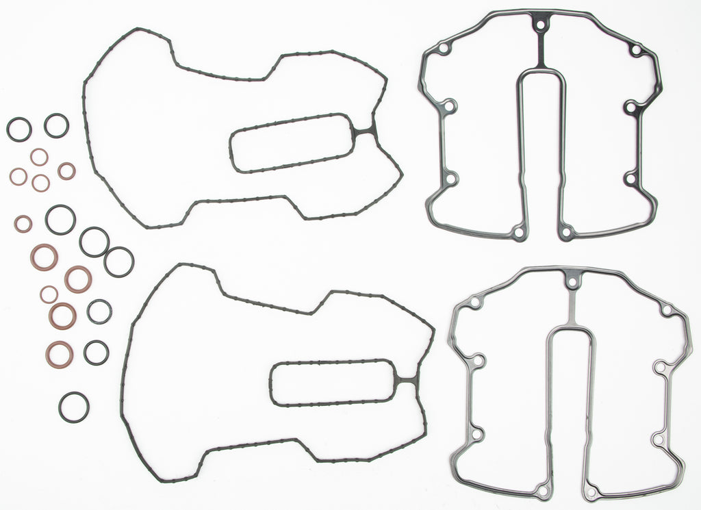 Cometic M8 rocker box rebuild kit for engine, featuring gaskets and components, shown in the image.
