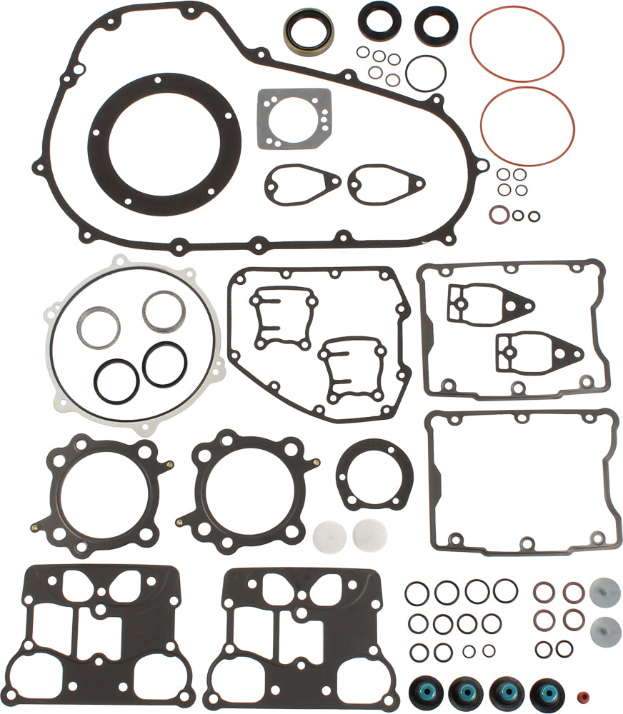 Cometic complete exhaust gasket twin cam kit showing metal and rubber sealing components for motorcycle engine sealing.