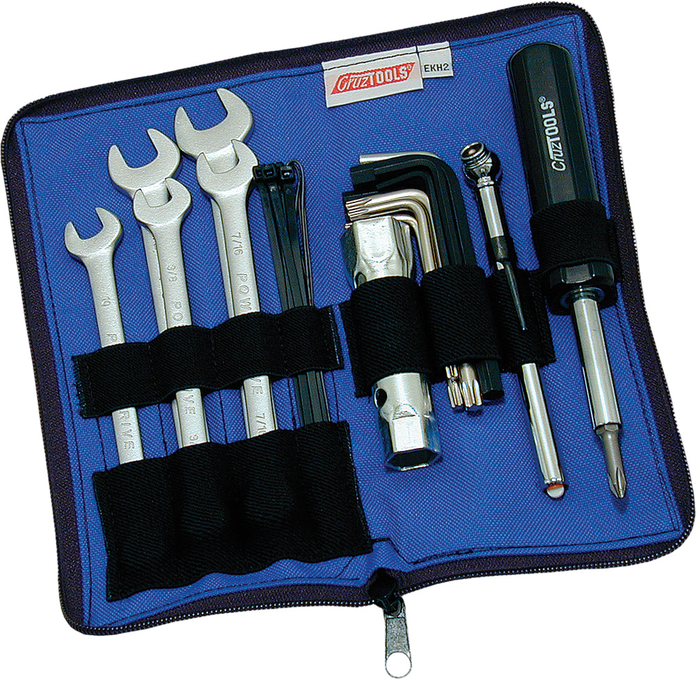 Cruztools Econokit H2 tool kit with compact tools and pouch for motorcycle maintenance and repair.