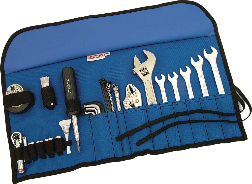 Cruztools Roadtech H3 Tool Kit with various tools in compact case for motorcycle maintenance and repair.