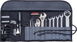 Cruztools Roadtech Pan America Tool Kit with various motorcycle repair tools laid out on a surface