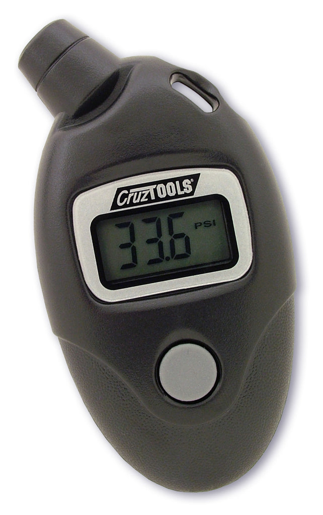 Cruztools Tirepro digital tire gauge showing pressure display with a black and silver design, used for accurate tire pressure measurement.