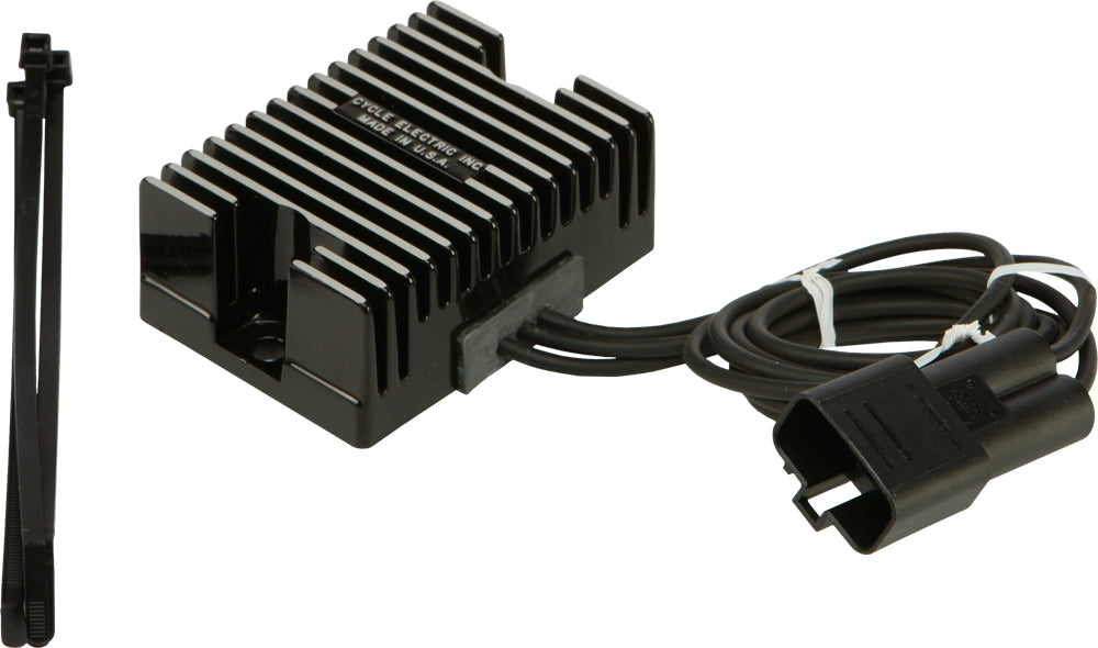 Cycle Electric electrical regulator for Dyna 99-03 motorcycle, standard black finish, mounted on motorcycle electrical system.