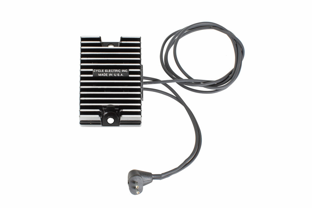 Cycle Electric universal electrical regulator for motorcycles, no battery required, model 273-1204, black and silver component.