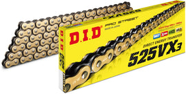 D.I.D Chain 525VX3 114 links in gold and black, durable motorcycle chain with branding and detailed links visible.
