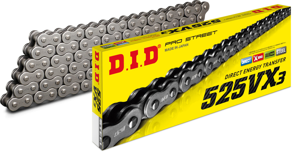 D.I.D Chain 525VX3 130L motorcycle chain with 690-11130 model, showing metallic links and chain segments on a plain background.