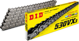 D.I.D Chain 530VX3 130L motorcycle chain with silver links and black side plates, designed for durability and performance