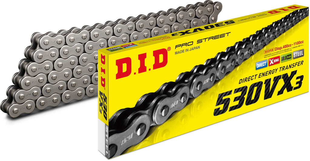 D.I.D Chain 530VX3 130L, motorcycle chain with silver links and black side plates, displayed on a neutral background.