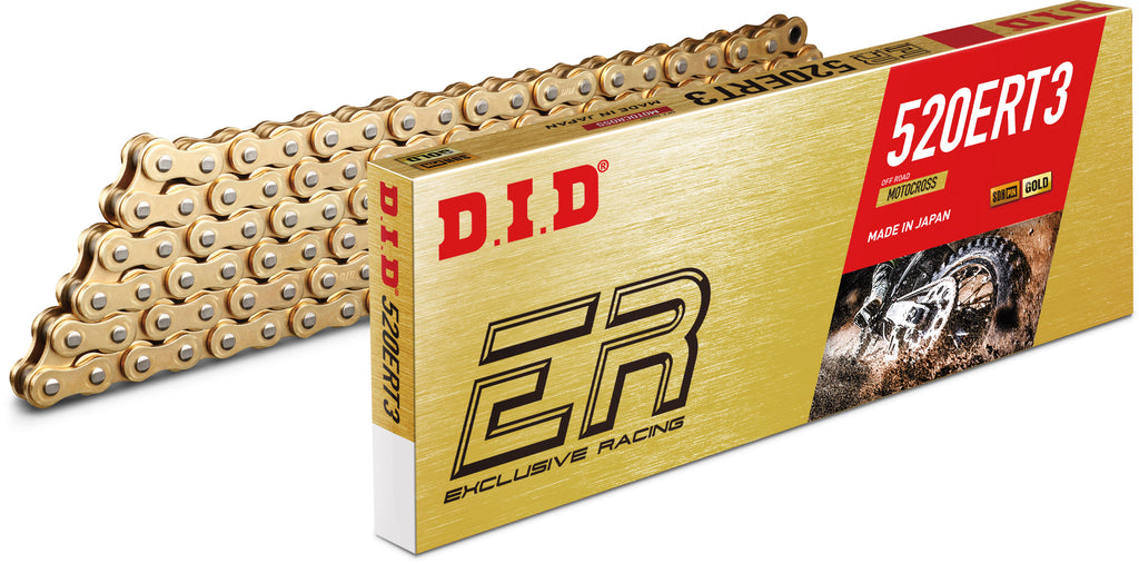 D.I.D 520ert3 120L Gold motorcycle chain with gold finish, featuring durable links and precision engineering.