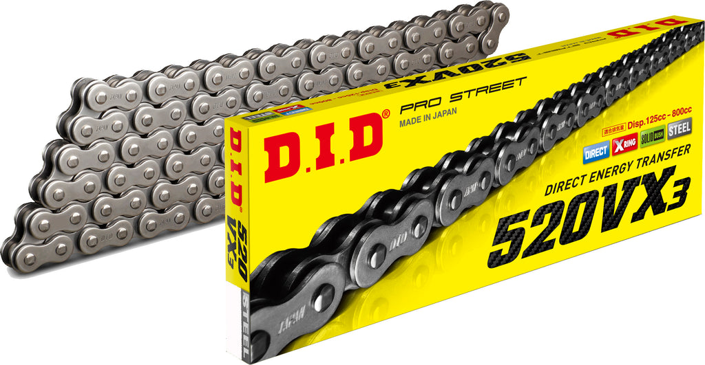 D.I.D 520VX3 motorcycle chain with 114 links in natural finish, showcasing the durable links and precision craftsmanship.