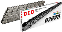 Load image into Gallery viewer, D.I.D Chain 525VO-110, motorcycle chain with black links and silver pins, close-up view of the D.I.D brand chain.
