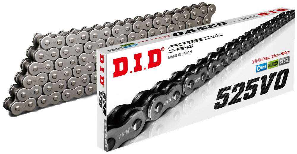 D.I.D 525VO-110 motorcycle chain with silver links, designed for durable power transfer and high performance.