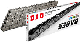 D.I.D Chain 530VO-120, motorcycle chain with silver links and black side plates, close-up view of the durable metal chain.