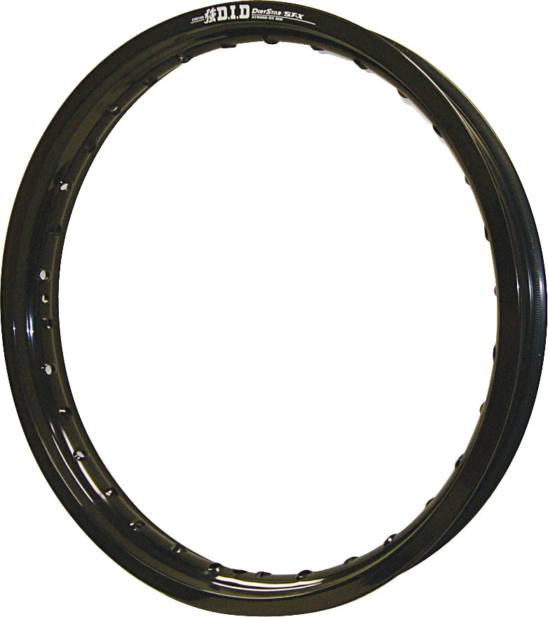 Black D.I.D Dirt Star St-X Rim 1.60-21 with a sturdy, lightweight design, suitable for dirt bikes and off-road riding.