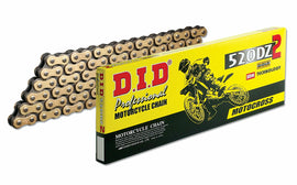 D.I.D Hi-Performance 520DZ2-120 racing chain in gold, close-up of the high-performance motorcycle chain with detailed links.