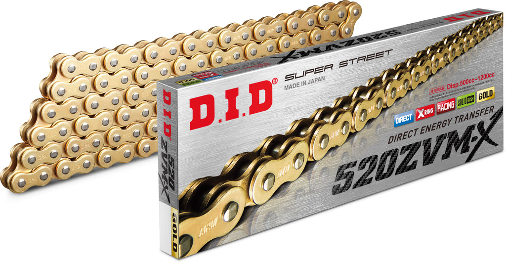 D.I.D Super Street 520ZVMX-120 X-Ring Chain in gold, motorcycle chain showing links and X-ring design for durability.