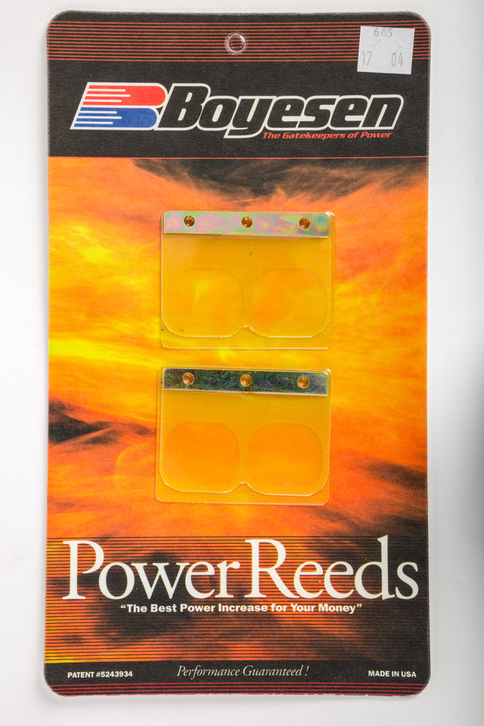 Boyesen motorcycle reeds 59-7685 for intake and carburetor fuel system, showing metal reed petals and frame in detailed view.