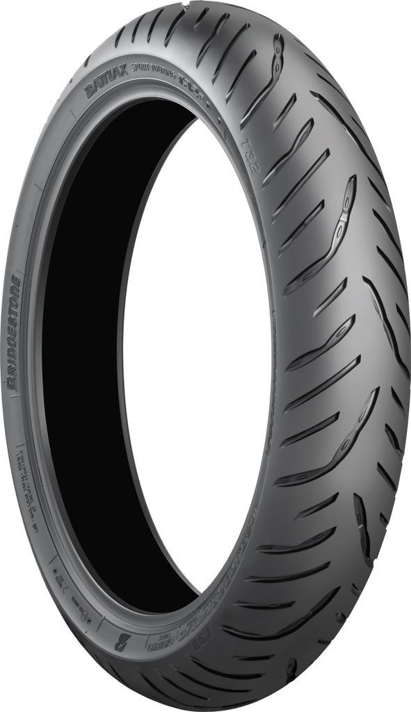 Bridgestone Battlax T32 front motorcycle tire 120/70ZR19 60W radial tubeless for sport bikes, shown on a wheel.