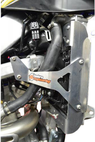 Enduro Engineering radiator braces for Yamaha motorcycle, black guards protecting the radiator with sturdy construction.