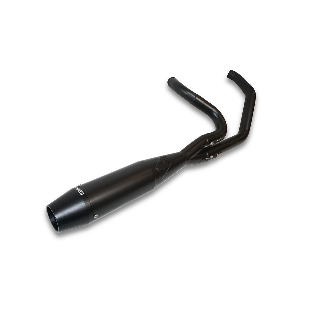 Sawicki Speed Shop M8 flanged mid-black motorcycle exhaust pipe, side view showing sleek design and mounting flange.