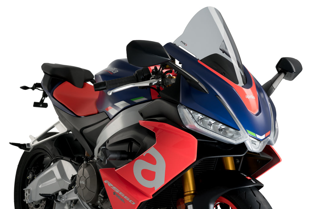 PUIG R-Racer Smoke motorcycle windshield, aerodynamic windscreen with smoked tint, designed for enhanced rider protection.