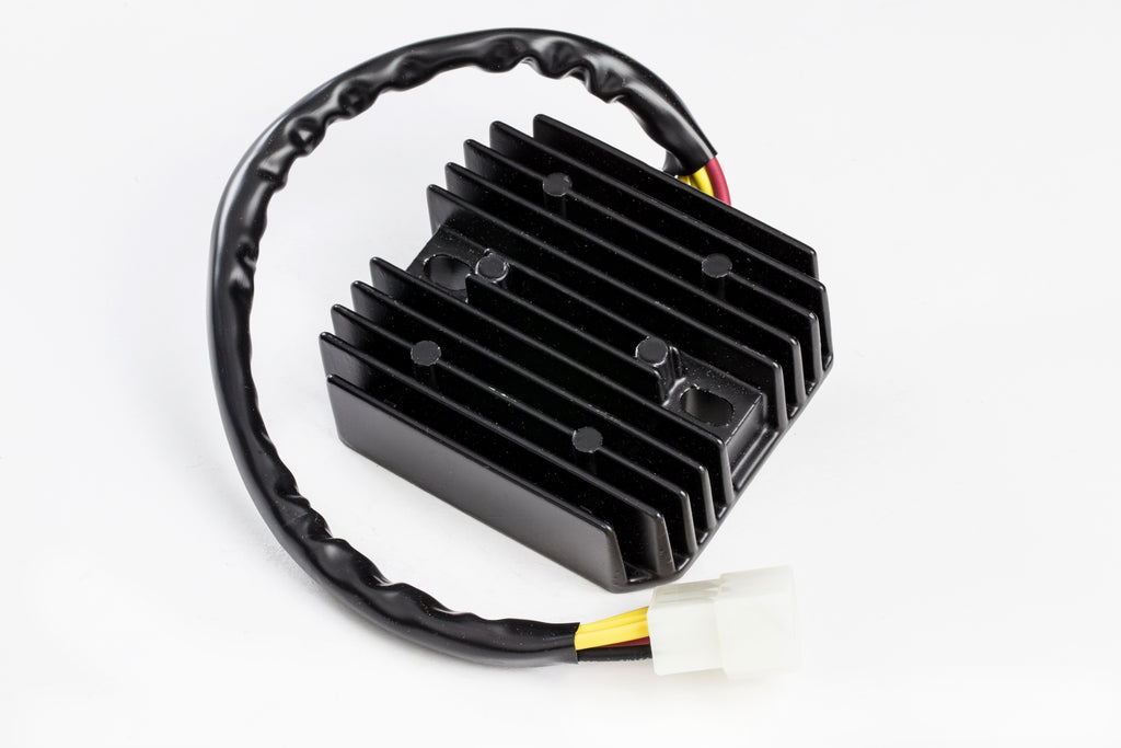 Ricks Motorsport Electric rectifier and regulator for motorcycle electrical systems, shown in a close-up view of the black component.