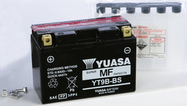Yuasa YT9B-BS maintenance-free motorcycle battery with positive and negative terminals, compact and durable design.