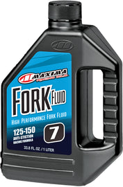 Maxima Fork Fluid 7W 1L bottle, a green liquid in a clear container, designed for motorcycle fork maintenance and suspension.