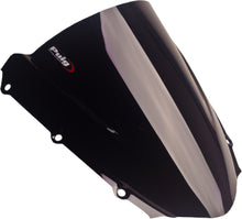Load image into Gallery viewer, Black PUIG racing windscreen for motorcycle, showing sleek aerodynamic design and mounting points.