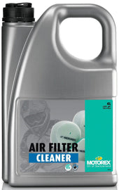 Motorex Air Filter Cleaner 4L bottle, chemical product for cleaning air filters, with label showing product details and branding.