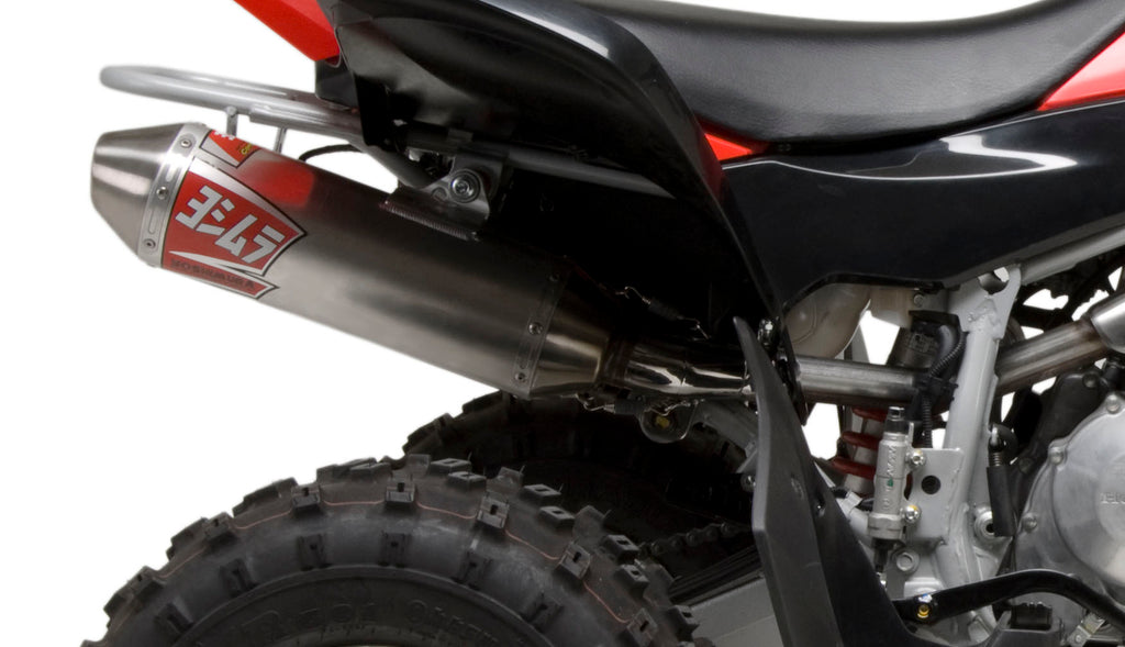 Yoshimura Signature RS-2 slip-on exhaust with stainless steel and aluminum finish, showcasing its sleek, polished design.