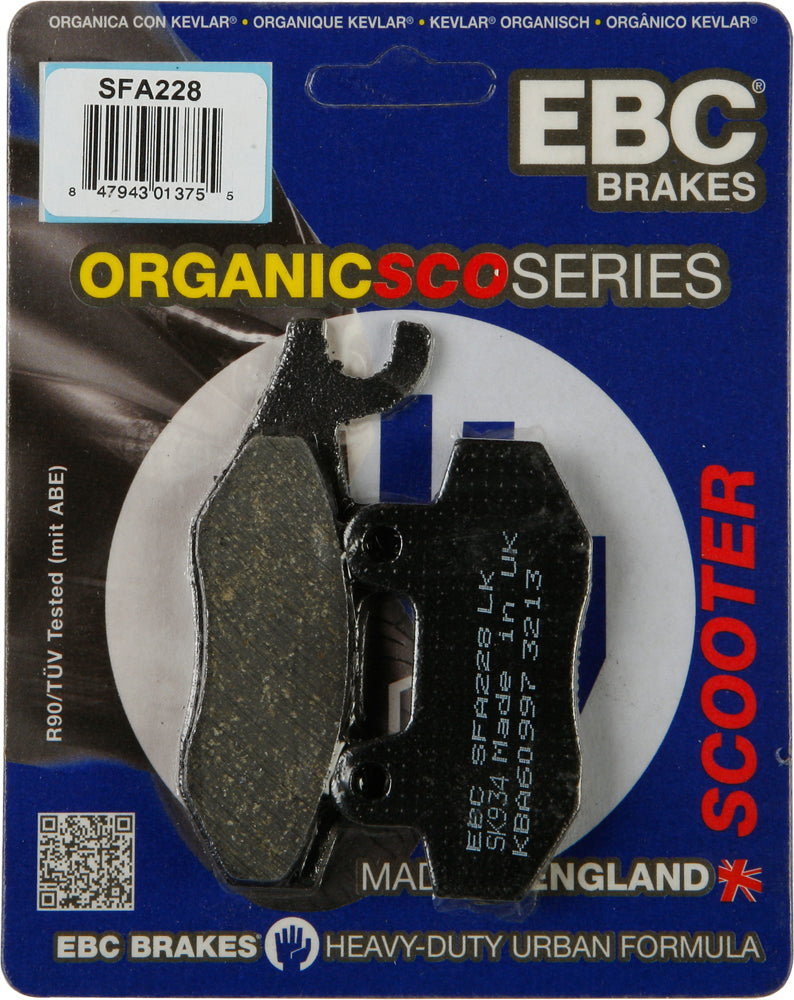 EBC Motorcycle Brakes SFA228 organic brake pads showing the black friction material and metal backing plate.