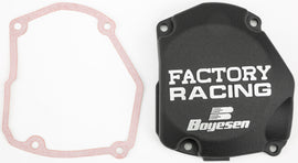 Boyesen Factory Racing Ignition Cover in black, designed for motorcycle engines, featuring a sleek black finish and durable construction.