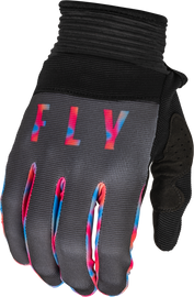 Fly Racing Youth F-16 gloves in grey, pink, and blue, showing the protective design and colorful details on the riding gloves.