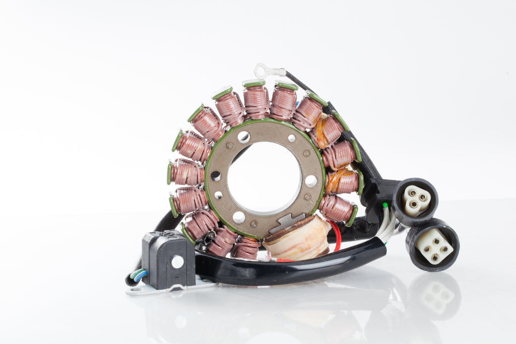 Ricks Motorsport Electric Stator 27-21902 for motorcycle electrical systems, showing the metal coil and mounting points.