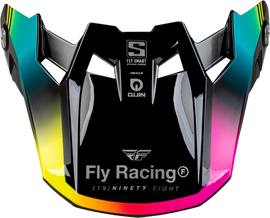 Fly Racing Formula S Carbon Legacy helmet visor in black, electric blue, and fuchsia colors, shown on a helmet.