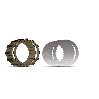 Hinson clutch fiber and steel plate kit for Yamaha YZ450F motorcycle, showing clutch plates and steel components.