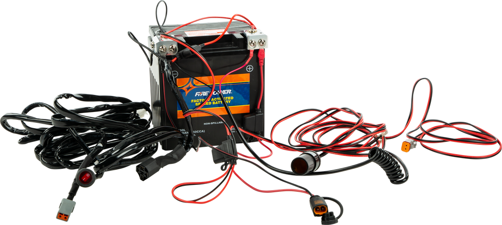 Open Trail Terminal Tender 12-9022 battery showing terminal connections and black and red cables for vehicle power supply.