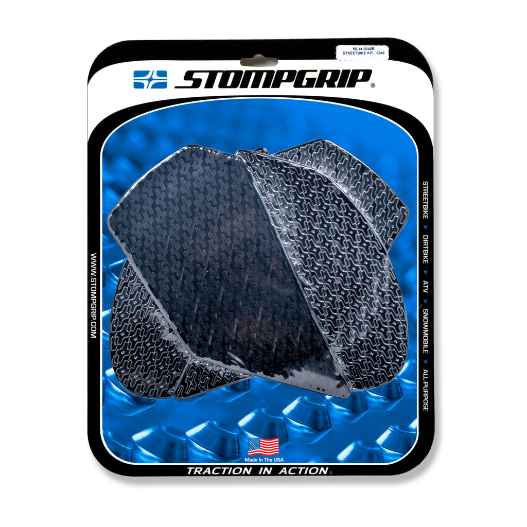 Stompgrip Tank Pad Kit Icon Black for motorcycle body, featuring black grip pads and logo design on a sleek black background.