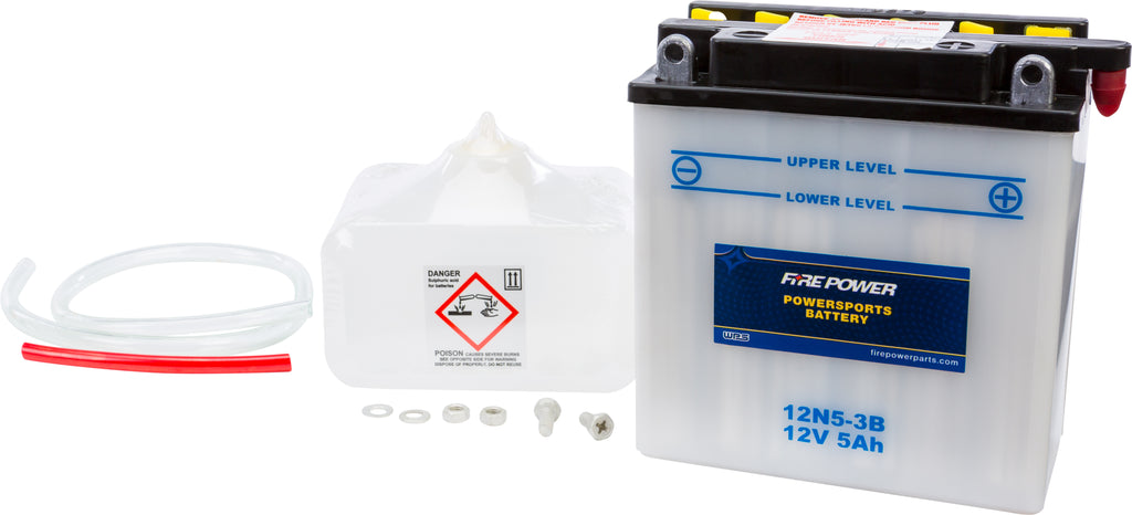 Fire Power 12V Battery 12N5-3B with acid, used for automotive or industrial applications, shown with terminals and label.