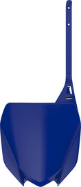 Polisport Plastics blue front number plate for bikes, showcasing a sleek body design with mounting holes and vibrant blue color.