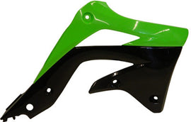 Acerbis radiator shrouds in green and black for motorcycle, showing sleek design and mounting points.