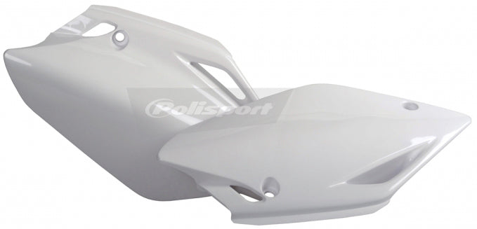 Polisport Plastics white side panels for motorcycle body, model 64-6285, showing the sleek plastic design and fitment details.