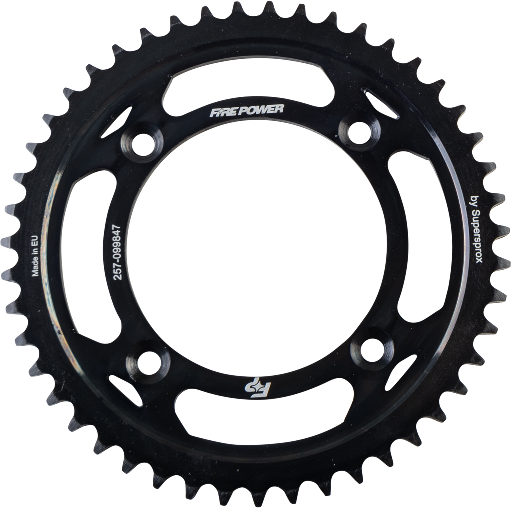 Steel Fire Power 47-tooth rear sprocket in black, designed for motorcycle or bicycle drivetrain with detailed teeth and branding.