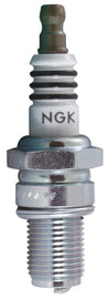 NGK Spark Plug #2707/04 2-BR9ECMIX showing the metal terminal and ceramic insulator for automotive engine ignition.