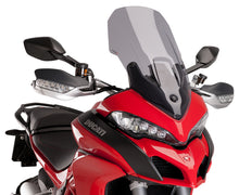Load image into Gallery viewer, PUIG Touring Smoke Windscreen for motorcycle, showcasing the tinted, aerodynamic design and fitment details.