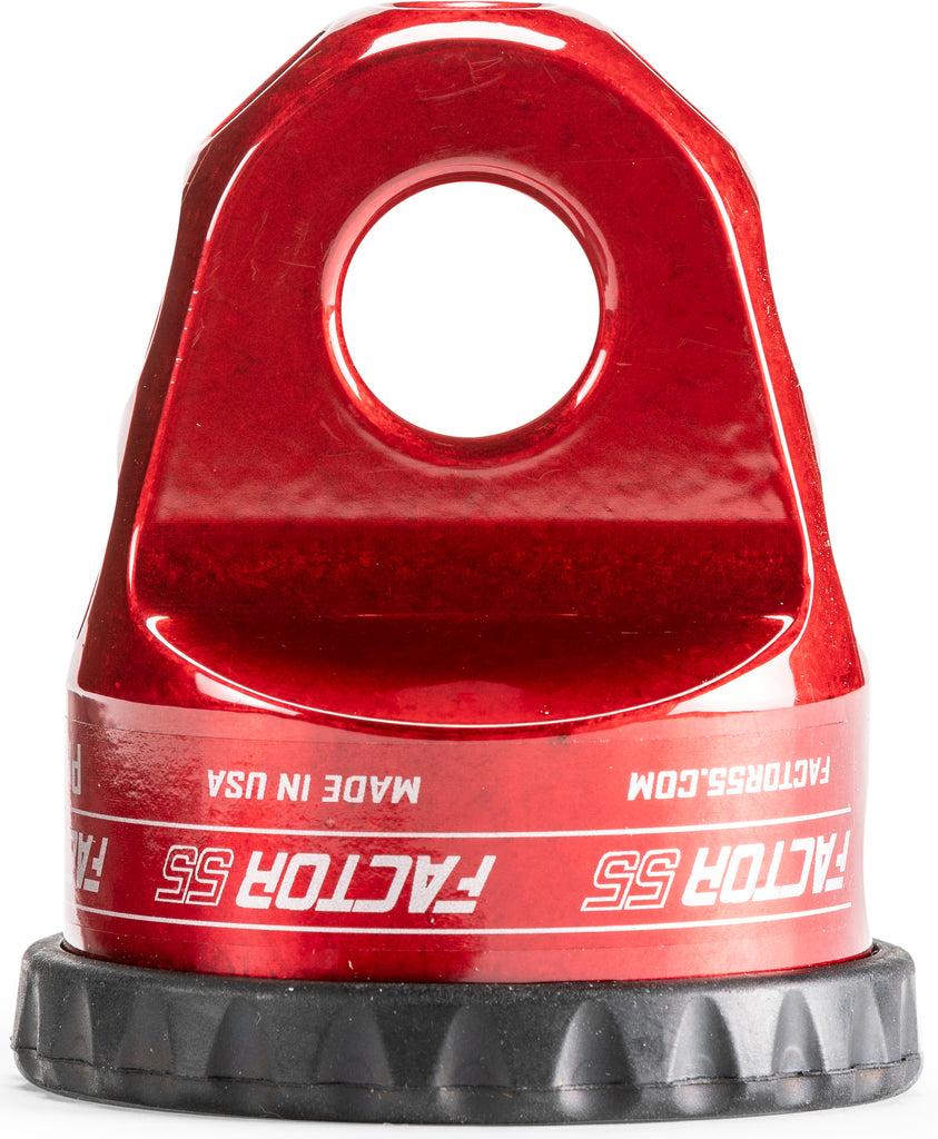 Factor 55 Prolink XTV winch shackle in red, showcasing its sturdy metal construction and secure locking mechanism.
